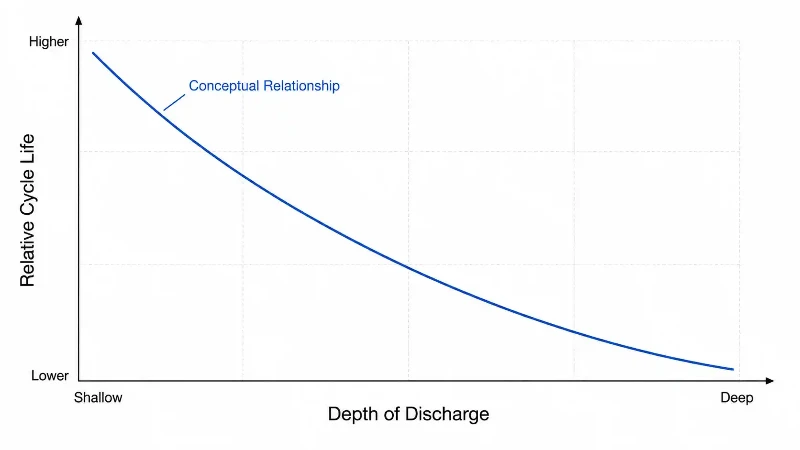 Conceptual relationship between depth of discharge and battery cycle life Conceptual relationship between depth of discharge and battery cycle life